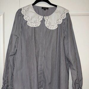 Women’s J. Crew Cotton Dark Blue and White Stripe Eyelet Collar Blouse Size XL